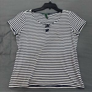 Ralph Lauren Navy and White Striped Lace-Up Short Sleeve Tee